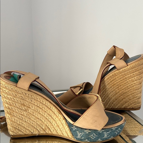 Louis Vuitton Tan and Blue Wedge Sandals - Picture 5 of 5